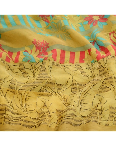 Sanskriti Vintage Saree Green Pure Georgette Silk Printed Sari 5Yd Craft Fabric, PRG-12224-Green-Printed Floral Design-Pure Georgette Silk-6