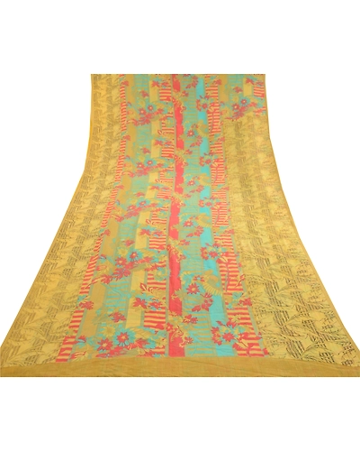 Sanskriti Vintage Saree Green Pure Georgette Silk Printed Sari 5Yd Craft Fabric, PRG-12224-Green-Printed Floral Design-Pure Georgette Silk-8