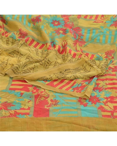 Sanskriti Vintage Saree Green Pure Georgette Silk Printed Sari 5Yd Craft Fabric, PRG-12224-Green-Printed Floral Design-Pure Georgette Silk-9