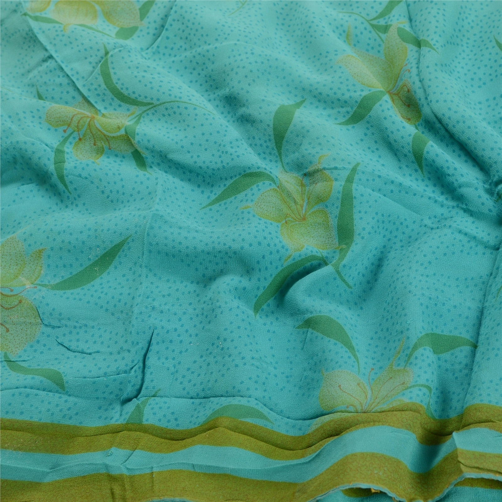 Sanskriti Vintage Saree Indian Green Pure Georgette Silk Print Sari Craft Fabric, PRG-12245-Green-Printed Floral Design-Pure Georgette Silk-7