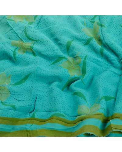 Sanskriti Vintage Saree Indian Green Pure Georgette Silk Print Sari Craft Fabric, PRG-12245-Green-Printed Floral Design-Pure Georgette Silk-7
