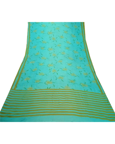 Sanskriti Vintage Saree Indian Green Pure Georgette Silk Print Sari Craft Fabric, PRG-12245-Green-Printed Floral Design-Pure Georgette Silk-9