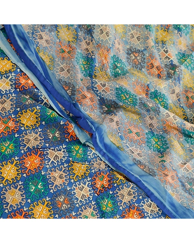 Sanskriti Vintage Saree Blue Blend Georgette Printed Sari Floral Craft Fabric, PRG-12262-Blue-Printed Floral Design-Blend Georgette-1