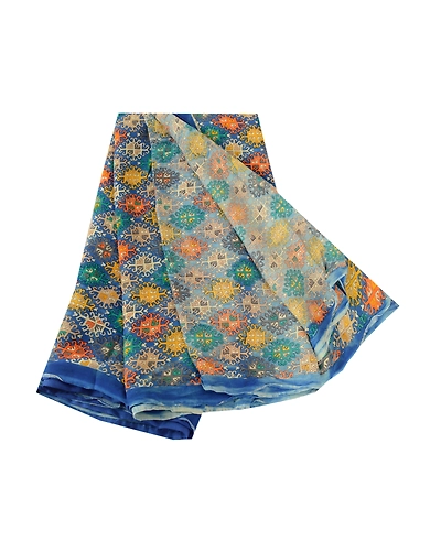 Sanskriti Vintage Saree Blue Blend Georgette Printed Sari Floral Craft Fabric, PRG-12262-Blue-Printed Floral Design-Blend Georgette-2