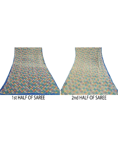 Sanskriti Vintage Saree Blue Blend Georgette Printed Sari Floral Craft Fabric, PRG-12262-Blue-Printed Floral Design-Blend Georgette-5