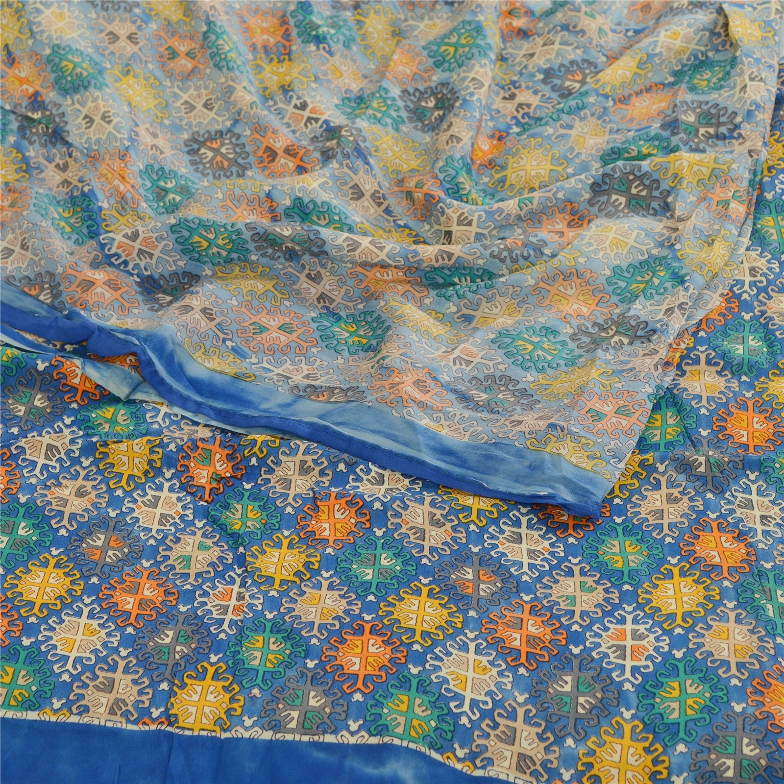 Sanskriti Vintage Saree Blue Blend Georgette Printed Sari Floral Craft Fabric, PRG-12262-Blue-Printed Floral Design-Blend Georgette-7