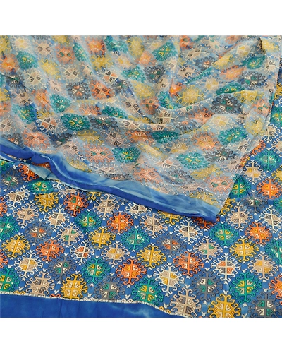 Sanskriti Vintage Saree Blue Blend Georgette Printed Sari Floral Craft Fabric, PRG-12262-Blue-Printed Floral Design-Blend Georgette-7