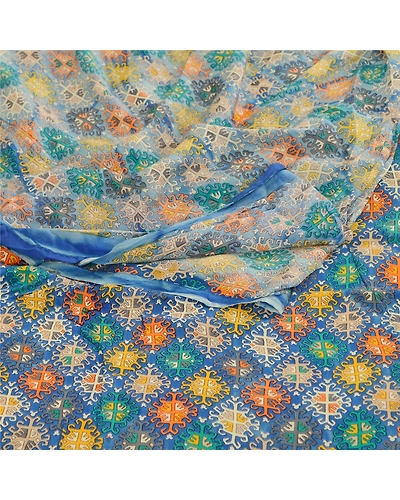 Sanskriti Vintage Saree Blue Blend Georgette Printed Sari Floral Craft Fabric, PRG-12262-Blue-Printed Floral Design-Blend Georgette-9