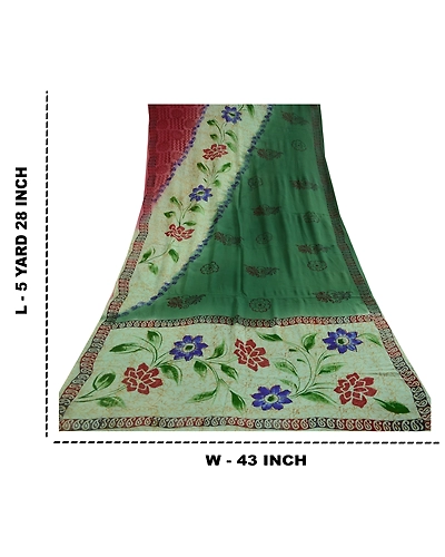 Sanskriti Vintage Saree Block Printed Green Blend Georgette Sari Craft Fabric, PRG-12267-Green-Printed Floral Design-Blend Georgette-3