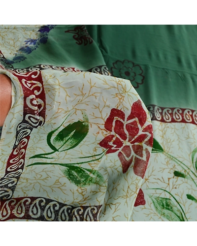 Sanskriti Vintage Saree Block Printed Green Blend Georgette Sari Craft Fabric, PRG-12267-Green-Printed Floral Design-Blend Georgette-4