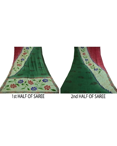 Sanskriti Vintage Saree Block Printed Green Blend Georgette Sari Craft Fabric, PRG-12267-Green-Printed Floral Design-Blend Georgette-5