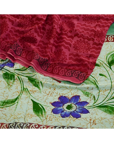 Sanskriti Vintage Saree Block Printed Green Blend Georgette Sari Craft Fabric, PRG-12267-Green-Printed Floral Design-Blend Georgette-7