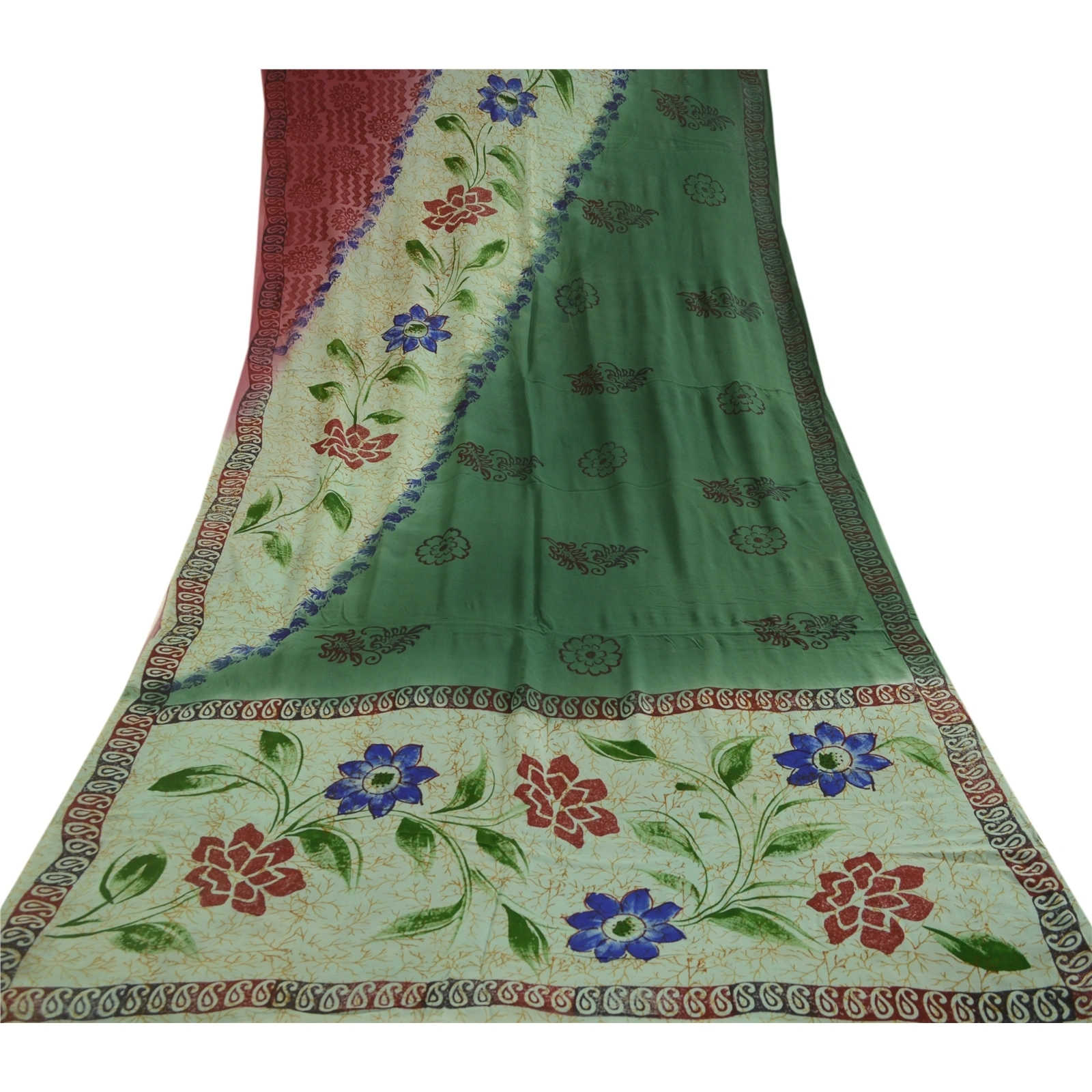 Sanskriti Vintage Saree Block Printed Green Blend Georgette Sari Craft Fabric, PRG-12267-Green-Printed Floral Design-Blend Georgette-8