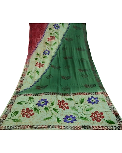 Sanskriti Vintage Saree Block Printed Green Blend Georgette Sari Craft Fabric, PRG-12267-Green-Printed Floral Design-Blend Georgette-8