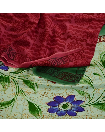 Sanskriti Vintage Saree Block Printed Green Blend Georgette Sari Craft Fabric, PRG-12267-Green-Printed Floral Design-Blend Georgette-9