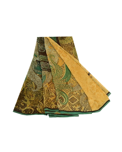 Sanskriti Vintage Saree Green Pure Georgette Silk Printed Sari 5Yd Craft Fabric, PRG-12273-Green-Printed Floral Design-Pure Georgette Silk-2