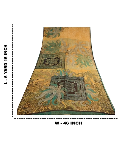 Sanskriti Vintage Saree Green Pure Georgette Silk Printed Sari 5Yd Craft Fabric, PRG-12273-Green-Printed Floral Design-Pure Georgette Silk-3