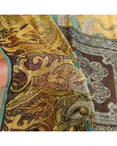 Sanskriti Vintage Saree Green Pure Georgette Silk Printed Sari 5Yd Craft Fabric, PRG-12273-Green-Printed Floral Design-Pure Georgette Silk-4