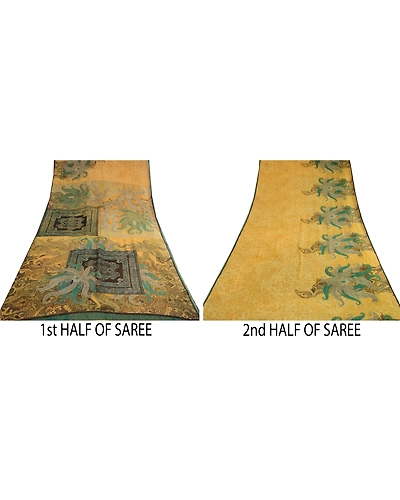 Sanskriti Vintage Saree Green Pure Georgette Silk Printed Sari 5Yd Craft Fabric, PRG-12273-Green-Printed Floral Design-Pure Georgette Silk-5