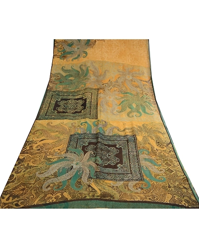 Sanskriti Vintage Saree Green Pure Georgette Silk Printed Sari 5Yd Craft Fabric, PRG-12273-Green-Printed Floral Design-Pure Georgette Silk-8
