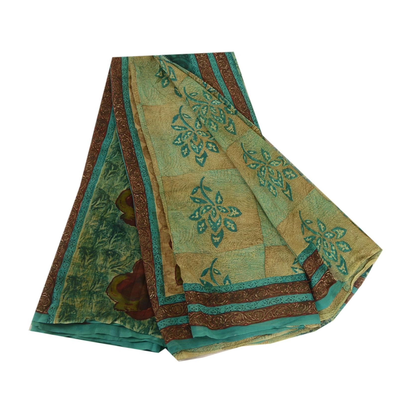 Sanskriti Vintage Saree Green Pure Georgette Silk Printed Sari 5Yd Craft Fabric, PRG-12275-Green-Printed Floral Design-Pure Georgette Silk-2