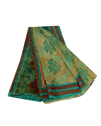Sanskriti Vintage Saree Green Pure Georgette Silk Printed Sari 5Yd Craft Fabric, PRG-12275-Green-Printed Floral Design-Pure Georgette Silk-2