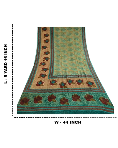 Sanskriti Vintage Saree Green Pure Georgette Silk Printed Sari 5Yd Craft Fabric, PRG-12275-Green-Printed Floral Design-Pure Georgette Silk-3