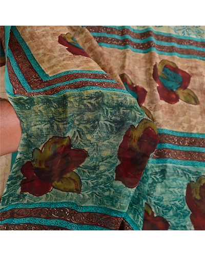 Sanskriti Vintage Saree Green Pure Georgette Silk Printed Sari 5Yd Craft Fabric, PRG-12275-Green-Printed Floral Design-Pure Georgette Silk-4