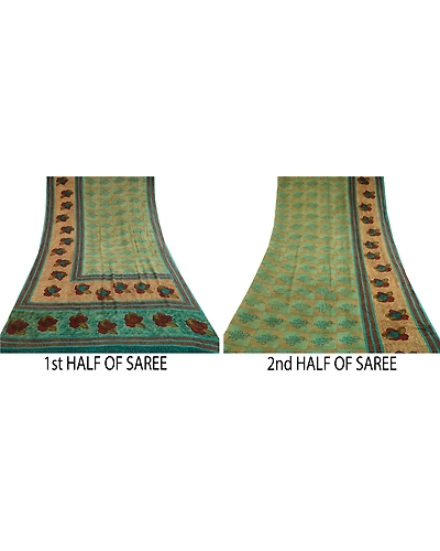 Sanskriti Vintage Saree Green Pure Georgette Silk Printed Sari 5Yd Craft Fabric, PRG-12275-Green-Printed Floral Design-Pure Georgette Silk-5