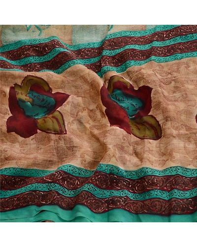 Sanskriti Vintage Saree Green Pure Georgette Silk Printed Sari 5Yd Craft Fabric, PRG-12275-Green-Printed Floral Design-Pure Georgette Silk-6