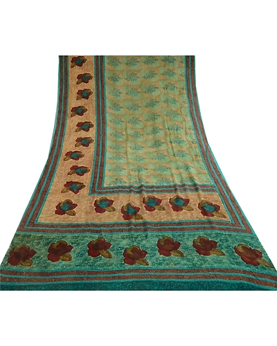 Sanskriti Vintage Saree Green Pure Georgette Silk Printed Sari 5Yd Craft Fabric, PRG-12275-Green-Printed Floral Design-Pure Georgette Silk-8