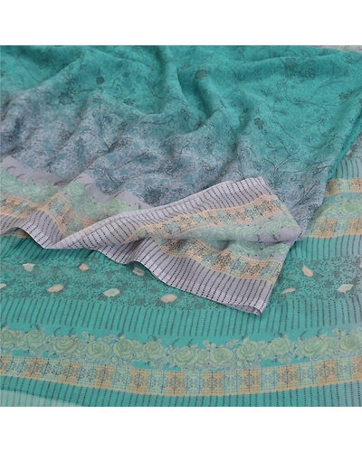 Sanskriti Vintage Blue Sarees Poly Georgette Printed Sari Craft Fabric, PRG-9981-Blue-Printed Floral Design-Poly Georgette Silk-8