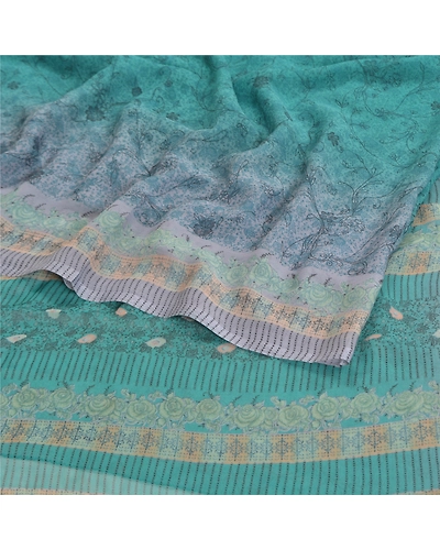 Sanskriti Vintage Blue Sarees Poly Georgette Printed Sari Craft Fabric, PRG-9981-Blue-Printed Floral Design-Poly Georgette Silk-10