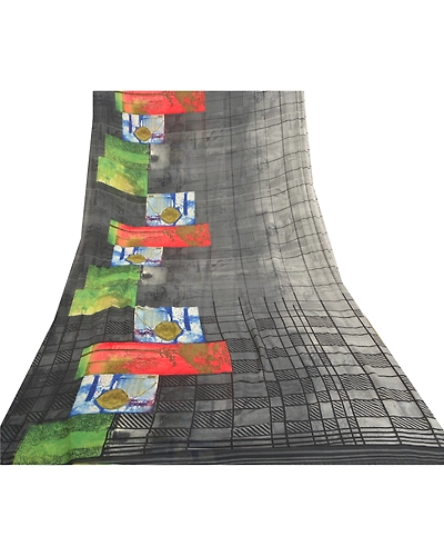 Sanskriti Vintage Black Sarees Poly Georgette Printed Sari Craft Fabric, PRG-9989-Black-Printed Floral Design-Poly Georgette Silk-9