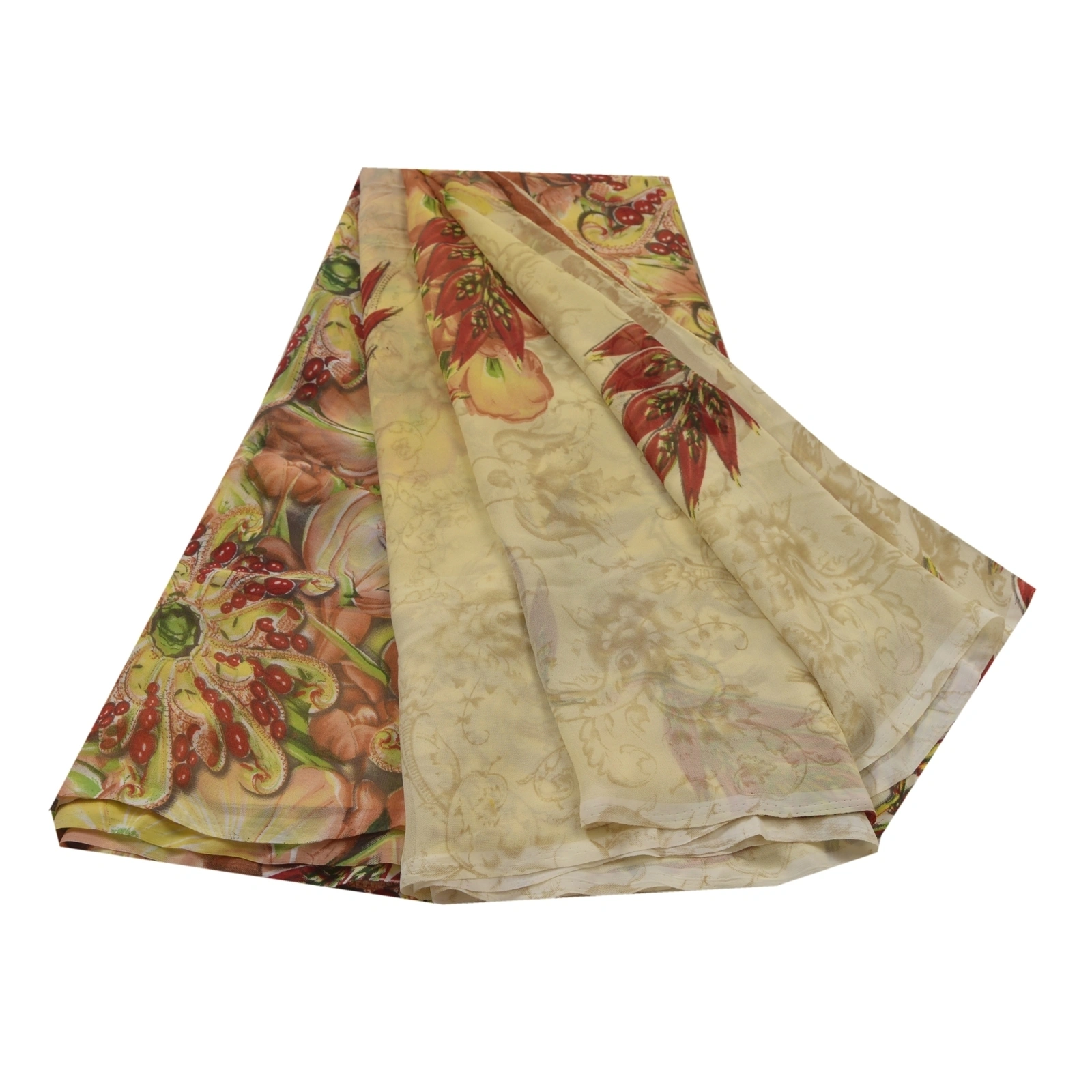 Sanskriti Vintage Cream Digital Printed Sarees Georgette Sari 5 Yd Craft Fabric, PRG-5658-Cream-Printed Floral Design-Georgette-6