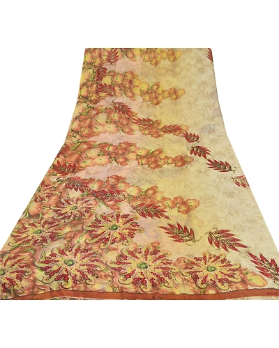 Sanskriti Vintage Cream Digital Printed Sarees Georgette Sari 5 Yd Craft Fabric, PRG-5658-Cream-Printed Floral Design-Georgette-7
