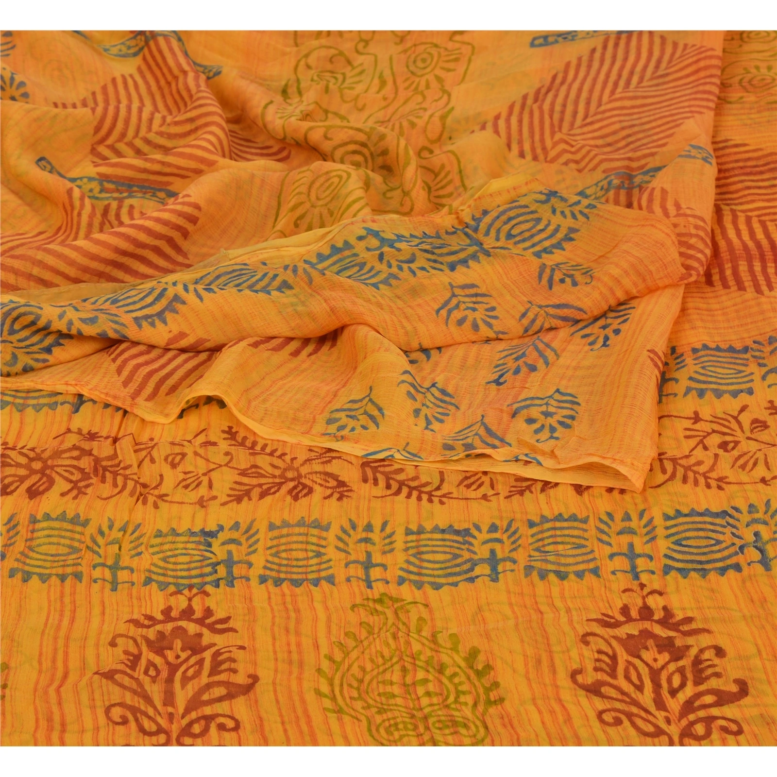 Sanskriti Vintage Yellow Sarees Blend Georgette Printed Sari 5 Yard Craft Fabric, PRG-5665-Yellow-Printed Floral Design-Blend Georgette-1