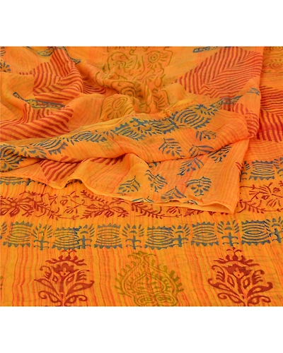 Sanskriti Vintage Yellow Sarees Blend Georgette Printed Sari 5 Yard Craft Fabric, PRG-5665-Yellow-Printed Floral Design-Blend Georgette-1