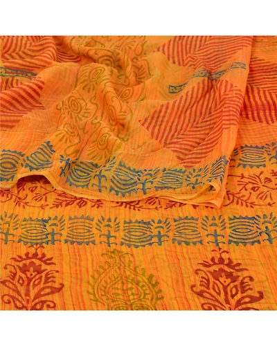 Sanskriti Vintage Yellow Sarees Blend Georgette Printed Sari 5 Yard Craft Fabric, PRG-5665-Yellow-Printed Floral Design-Blend Georgette-2
