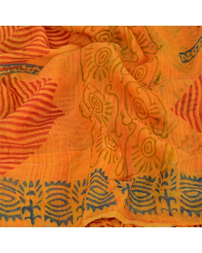 Sanskriti Vintage Yellow Sarees Blend Georgette Printed Sari 5 Yard Craft Fabric, PRG-5665-Yellow-Printed Floral Design-Blend Georgette-4