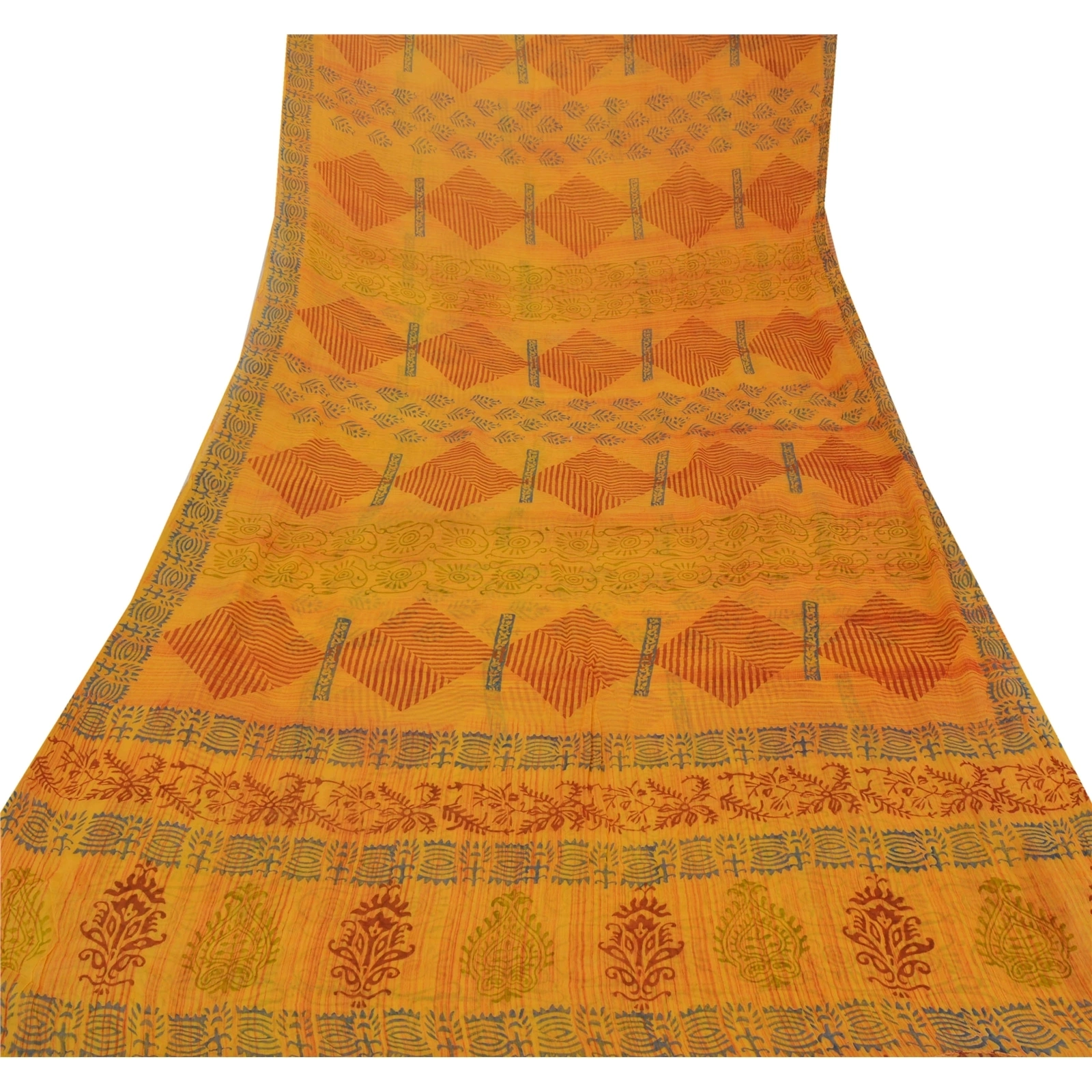 Sanskriti Vintage Yellow Sarees Blend Georgette Printed Sari 5 Yard Craft Fabric, PRG-5665-Yellow-Printed Floral Design-Blend Georgette-7