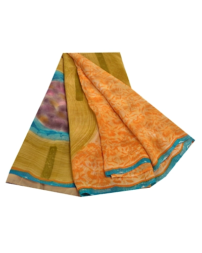 Sanskriti Vintage Orange Sarees Blend Georgette Printed Sari 5 Yard Craft Fabric, PRG-5948-Orange-Printed Floral Design-Blend Georgette-1
