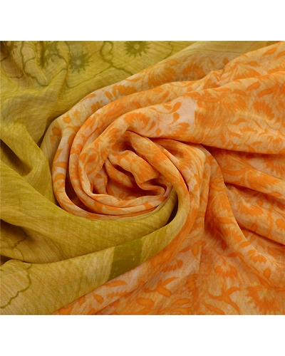 Sanskriti Vintage Orange Sarees Blend Georgette Printed Sari 5 Yard Craft Fabric, PRG-5948-Orange-Printed Floral Design-Blend Georgette-4