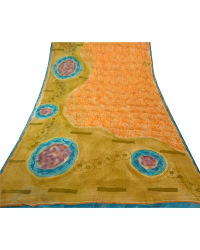 Sanskriti Vintage Orange Sarees Blend Georgette Printed Sari 5 Yard Craft Fabric, PRG-5948-Orange-Printed Floral Design-Blend Georgette-6
