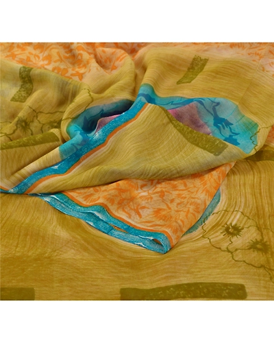 Sanskriti Vintage Orange Sarees Blend Georgette Printed Sari 5 Yard Craft Fabric, PRG-5948-Orange-Printed Floral Design-Blend Georgette-7