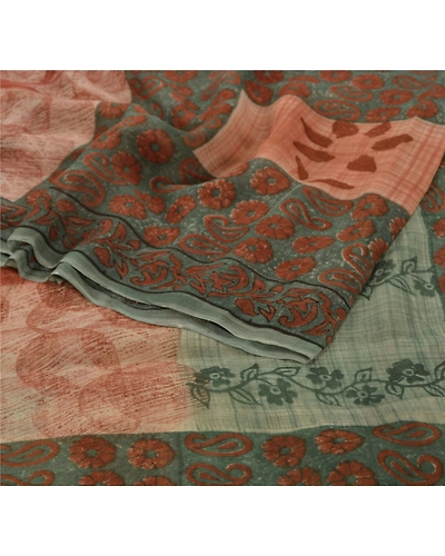 Sanskriti Vintage Green Sarees Blend Georgette Printed Sari 5 Yard Craft Fabric, PRG-5954-Green-Printed Floral Design-Blend Georgette-5