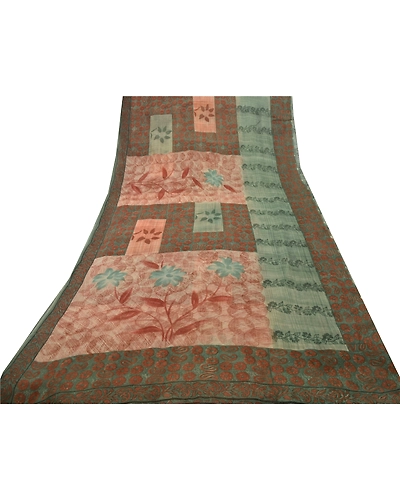 Sanskriti Vintage Green Sarees Blend Georgette Printed Sari 5 Yard Craft Fabric, PRG-5954-Green-Printed Floral Design-Blend Georgette-6