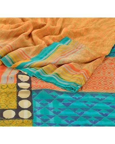 Sanskriti Vintage Peach Sarees Pure Georgette Silk Printed Sari 5Yd Craft Fabric, PRG-6010-Peach-Printed Floral Design-Pure Georgette Silk-1