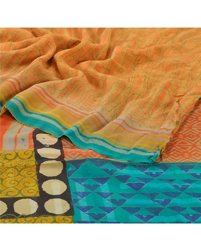 Sanskriti Vintage Peach Sarees Pure Georgette Silk Printed Sari 5Yd Craft Fabric, PRG-6010-Peach-Printed Floral Design-Pure Georgette Silk-2