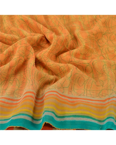 Sanskriti Vintage Peach Sarees Pure Georgette Silk Printed Sari 5Yd Craft Fabric, PRG-6010-Peach-Printed Floral Design-Pure Georgette Silk-4